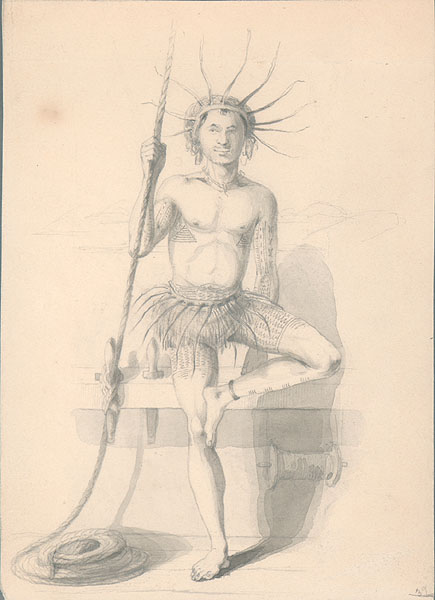 Seorang lelaki Tuvalu dalam pakaian tradisional yang dilukis oleh Alfred Agate pada tahun 1841, semasa Ekspedisi Penjelajahan Amerika Syarikat.