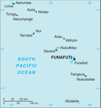 Peta Tuvalu, menunjukkan bandar-bandar dan pulau-pulau utama.
