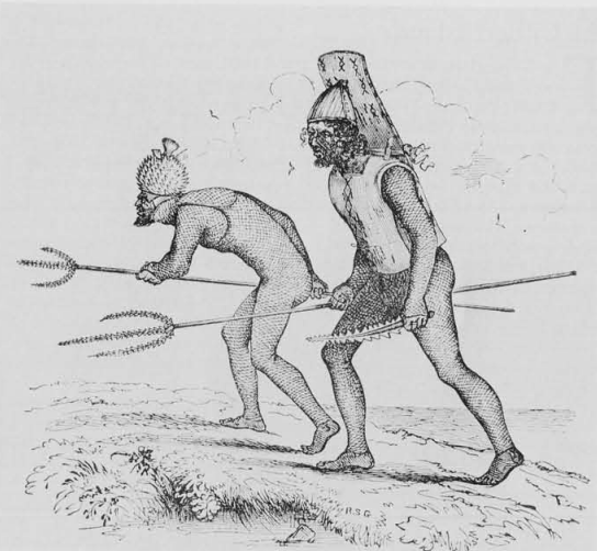 タビテウエア島のギルバート諸島戦士たち、サメの歯で作られた武器を持つ(1841年頃)
