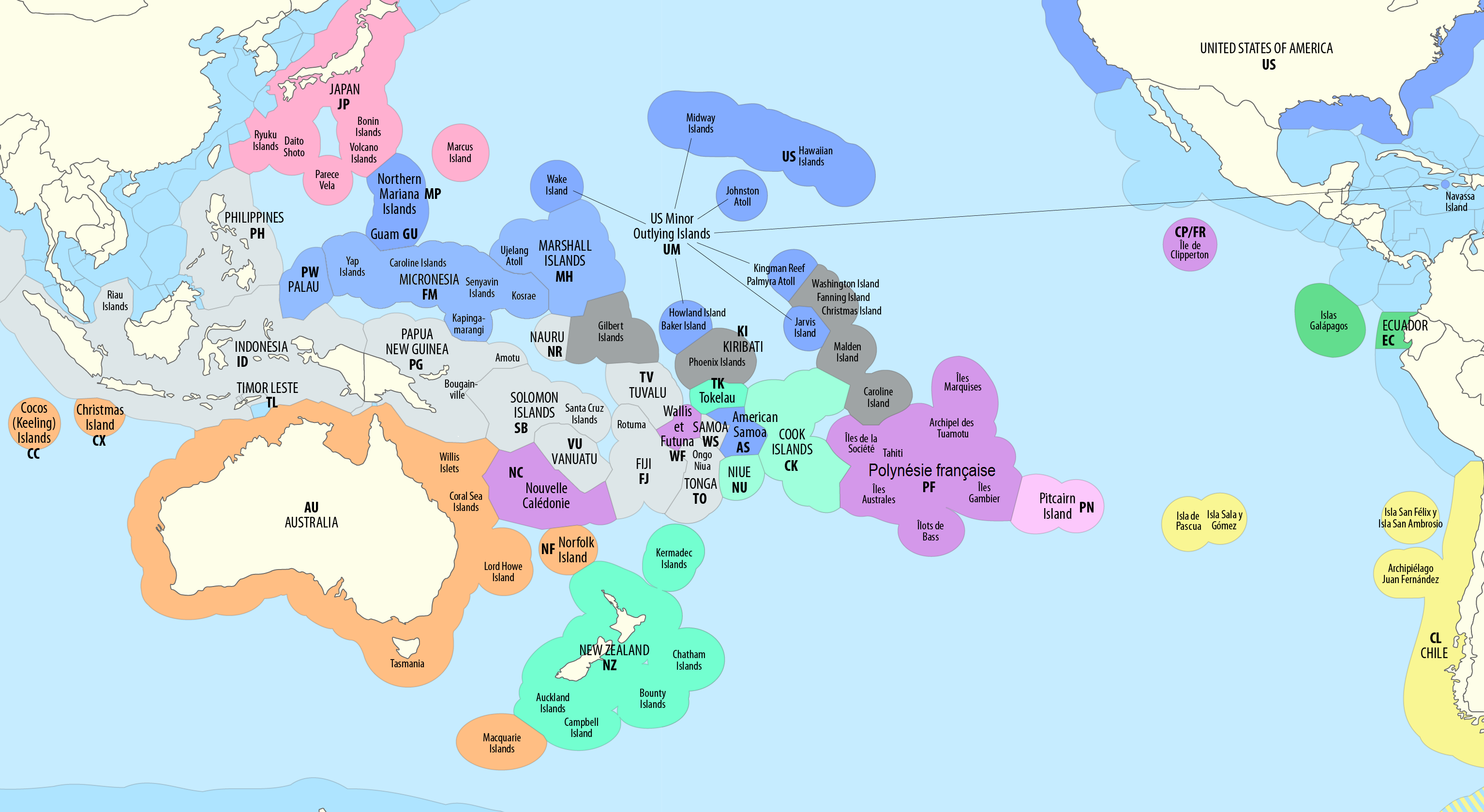 Kiribati with its surrounding EEZs in dark gray, noting the three non-contiguous territories