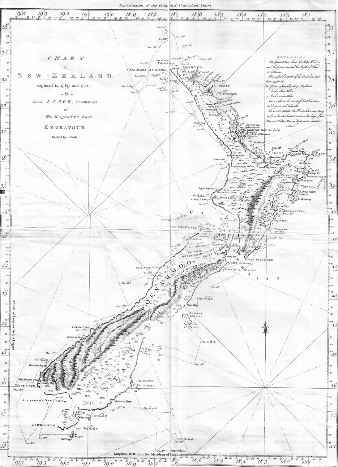 alt=ジェームズ・クックによるニュージーランドの海岸線とエンデバー号の航路を示した海図。