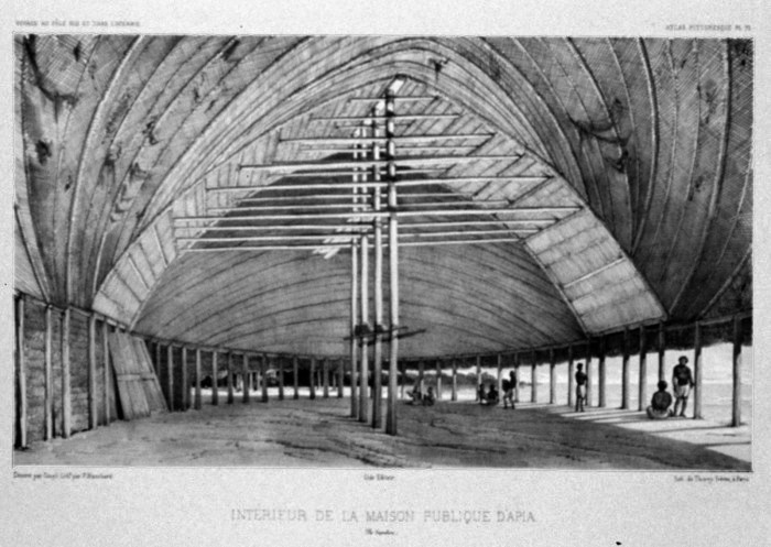 Bahagian dalam rumah Samoa, Apia, oleh Urville pada tahun 1842.