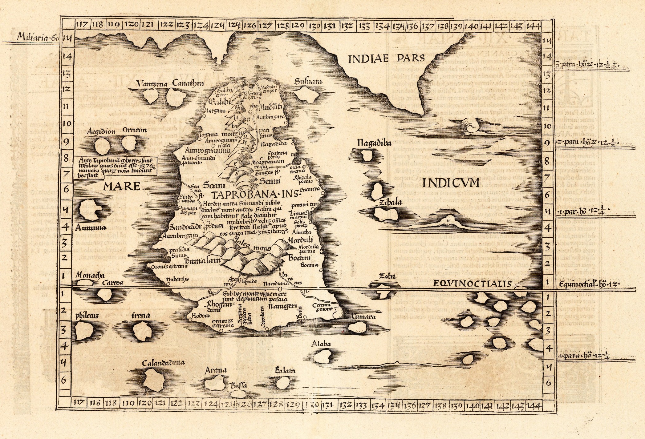 Peta dunia Ptolemy tentang Ceylon, abad pertama Masehi, dalam publikasi tahun 1535.