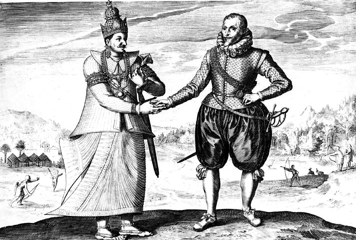 Ukiran abad ke-17 dari penjelajah Belanda Joris van Spilbergen bertemu dengan Raja Vimaladharmasuriya pada tahun 1602.