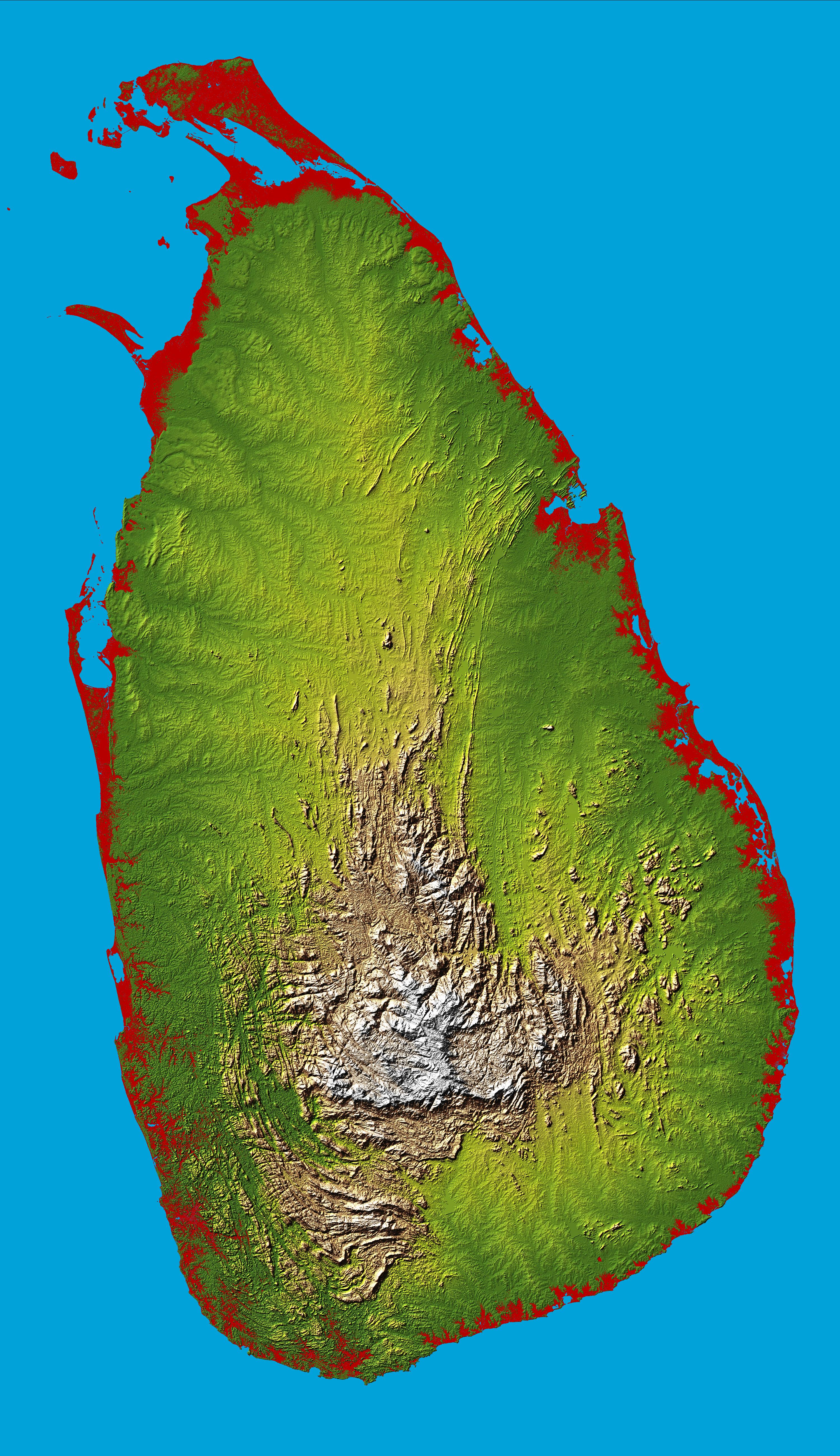 Peta topografi Sri Lanka.