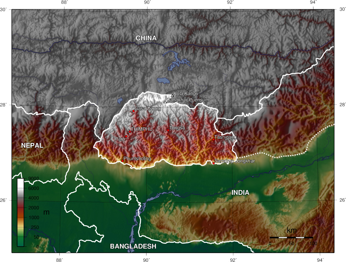 Peta topografi Bhutan