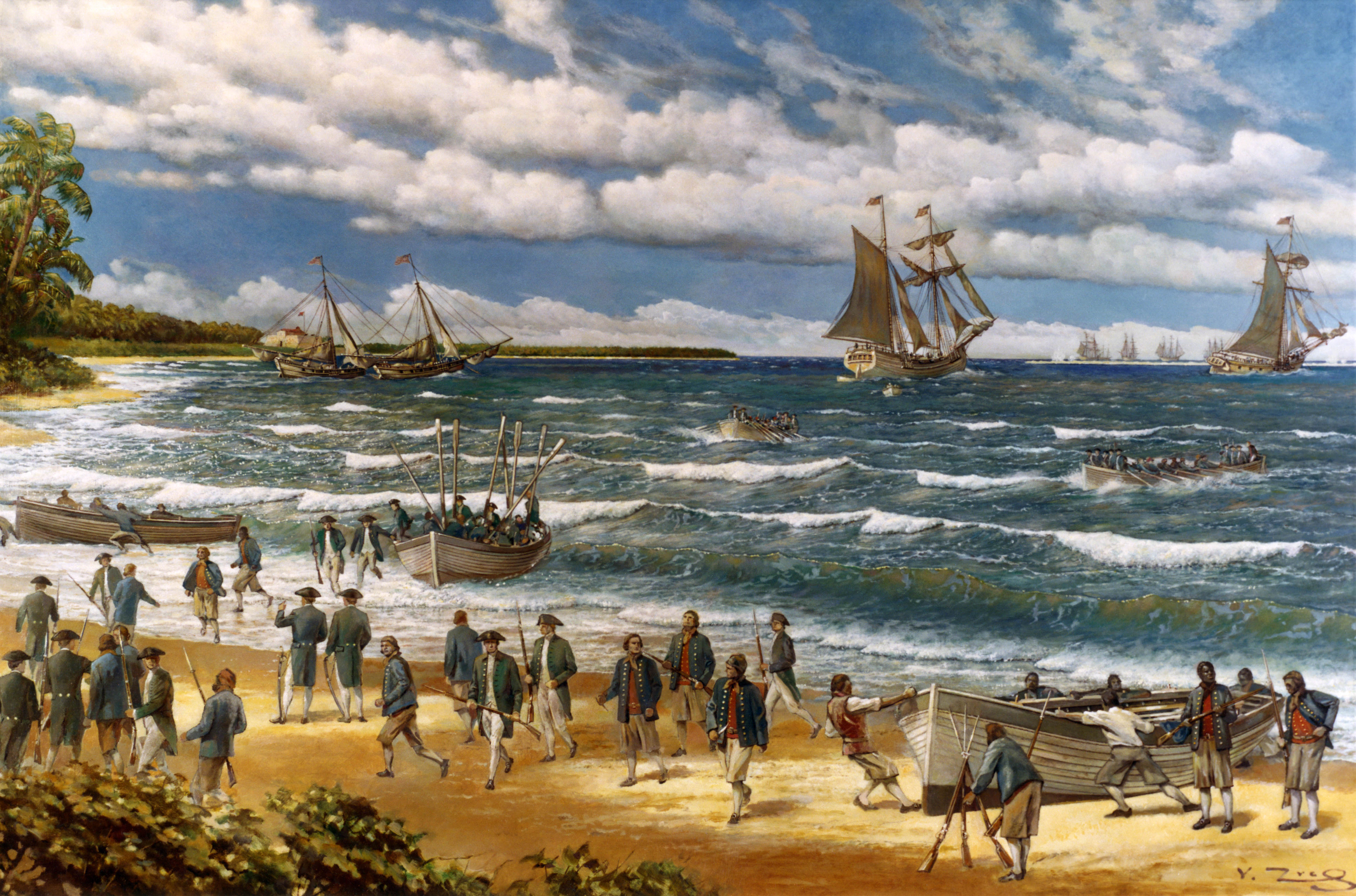 1776년 나소 전투 당시 뉴프로비던스섬에 상륙하는 대륙 해병대.