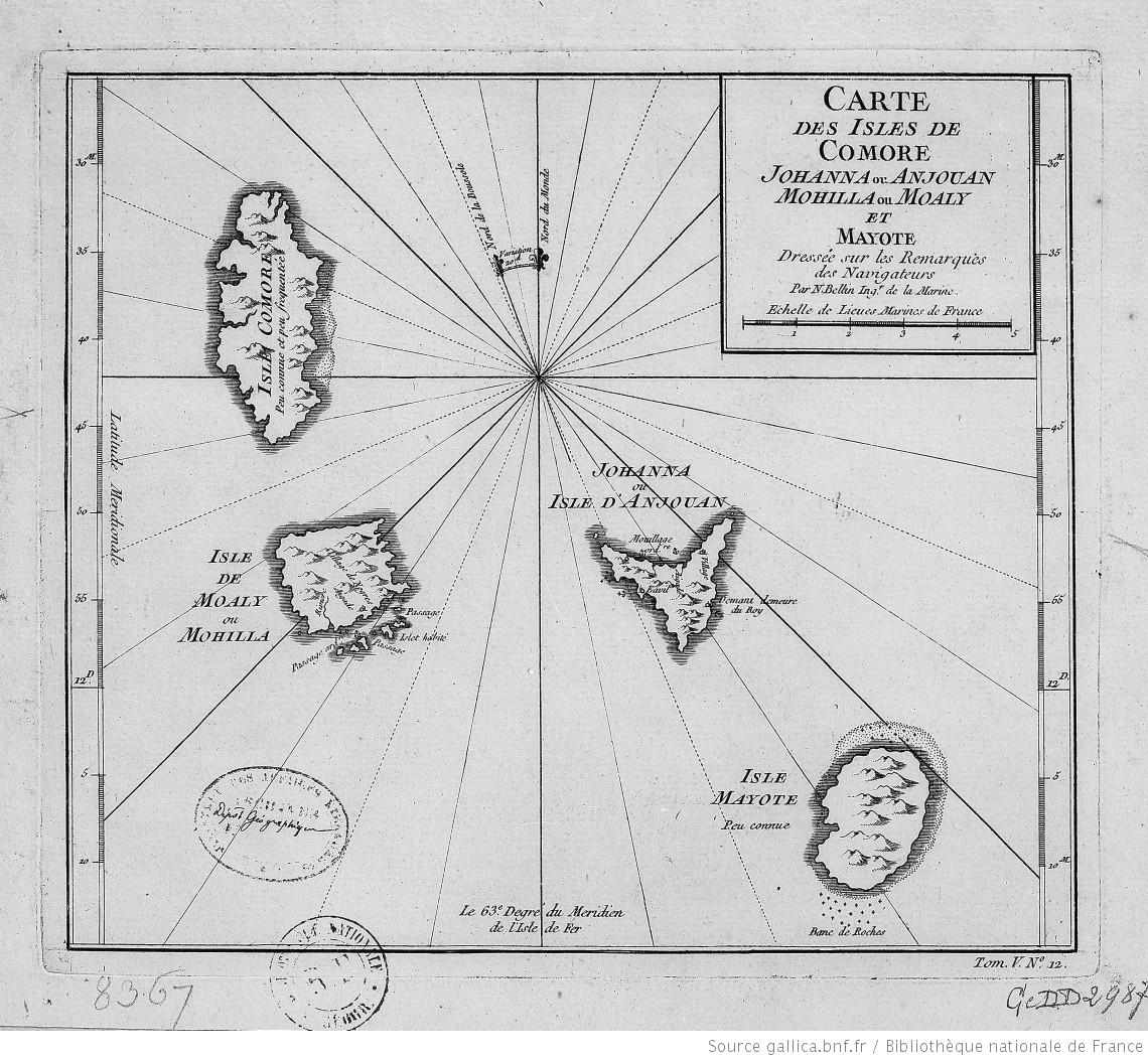 A French map of the Comoro Islands from 1747, showing Anjouan (Johanna), Mohilla (Moaly), and Mayotte.