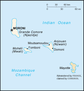 A map showing the three main islands of the Union of the Comoros: Ngazidja (Grande Comore), Mwali (Mohéli), and Ndzwani (Anjouan).