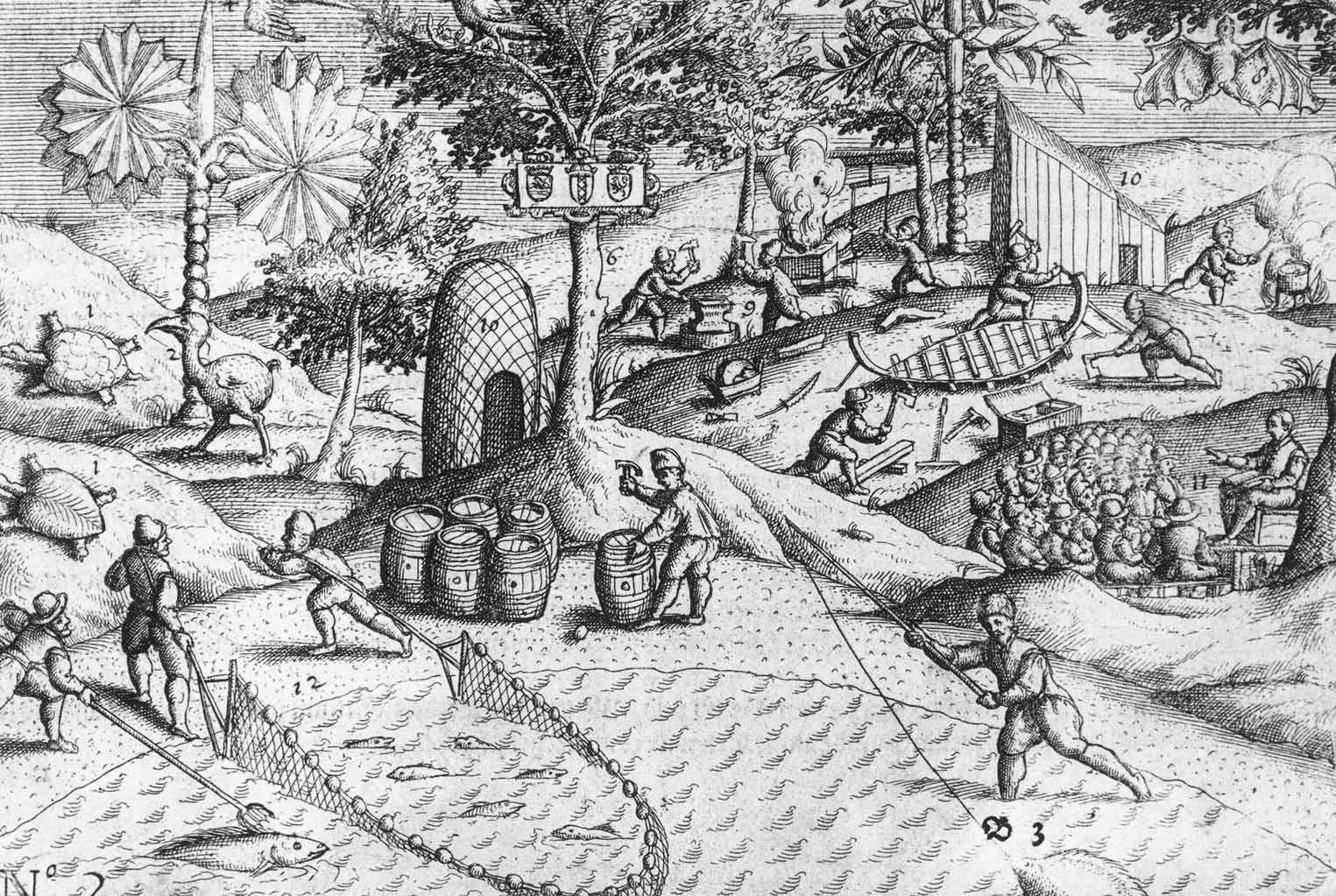 モーリシャスにおけるオランダの活動と、初めて出版されたドードーの絵(左)、1601年
