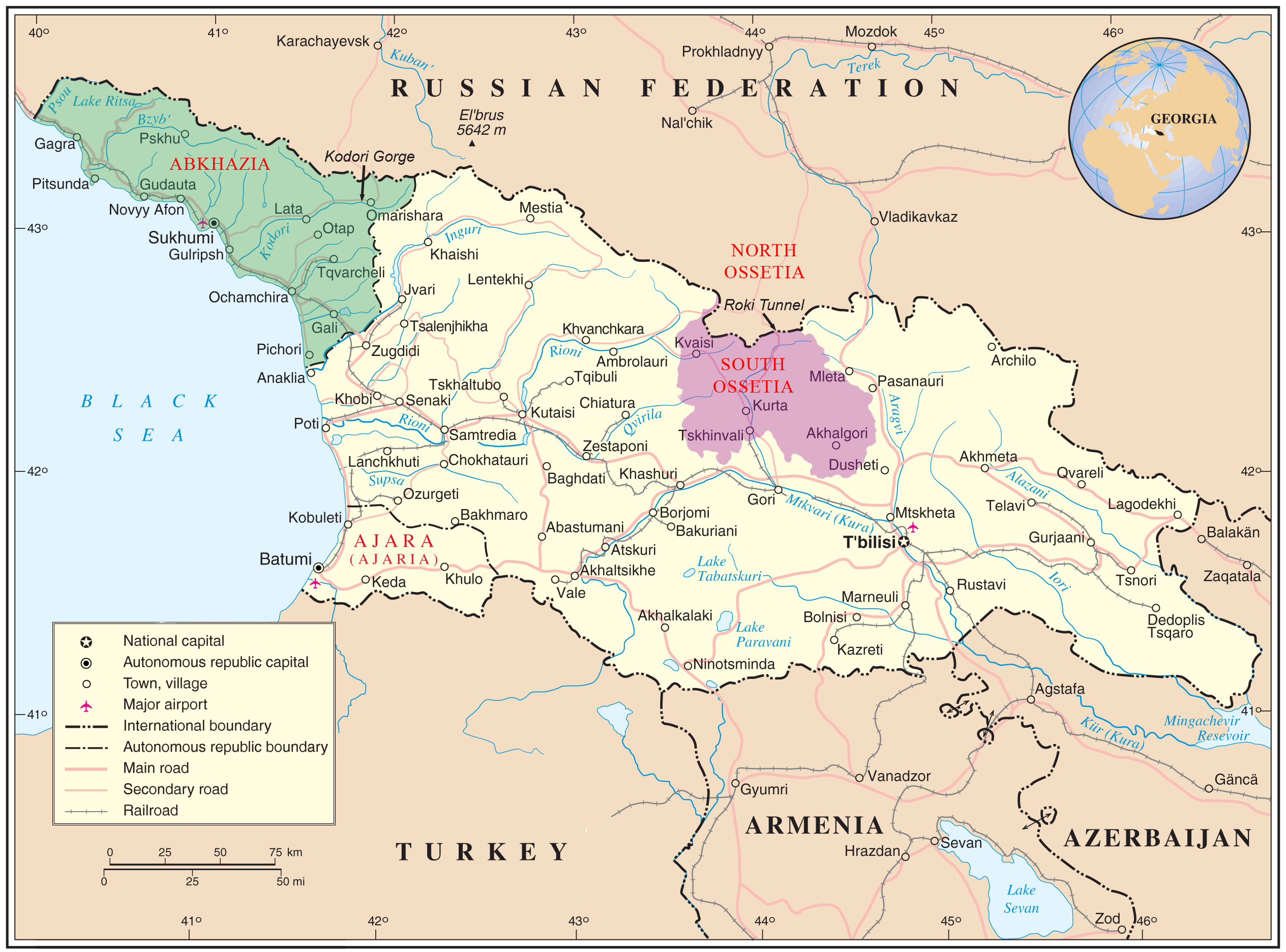 Peta Georgia yang menyoroti wilayah sengketa Abkhazia dan Wilayah Tskhinvali (Ossetia Selatan), keduanya berada di luar kendali pemerintah pusat Georgia