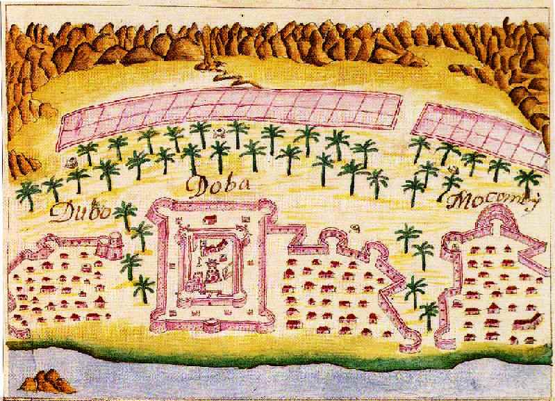 Lukisan Kekaisaran Portugis tentang Benteng Doba (Forte de DobaForte de DobaBahasa Portugis) di Dibba Al-Hisn pada tahun 1620