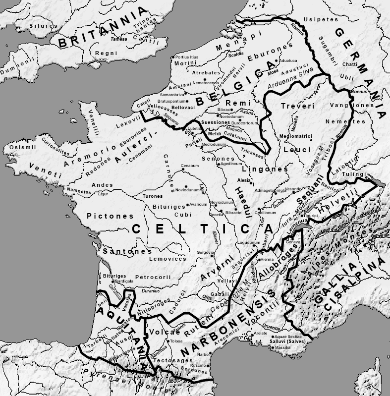 Gallia Belgica pada masa penaklukan Galia oleh Julius Caesar pada tahun 54 SM.