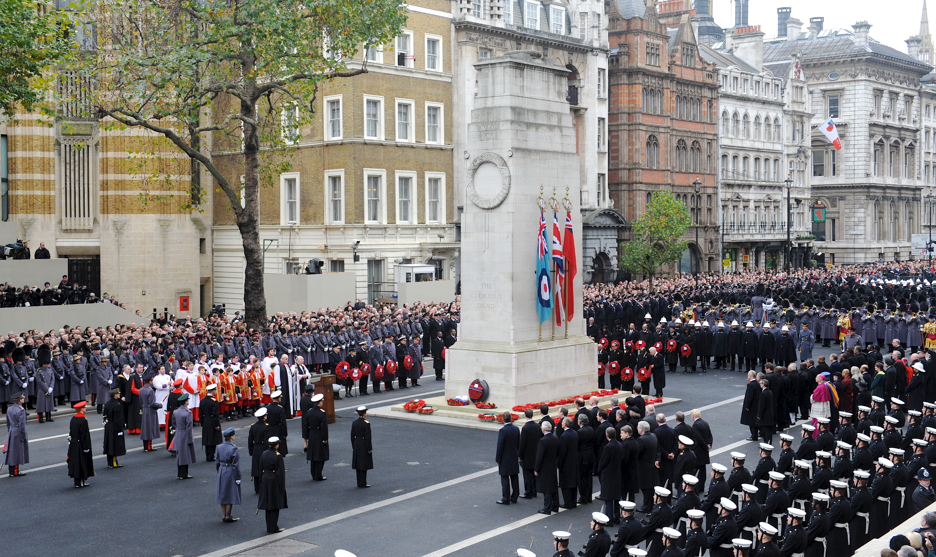 Wreaths being laid during the Remembrance Sunday service at the Cenotaph in Whitehall, London