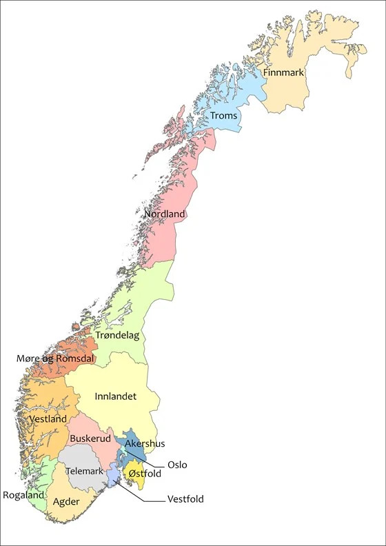 A map showing the county (fylke) divisions of Norway as of 2024, following a municipal and regional reform.