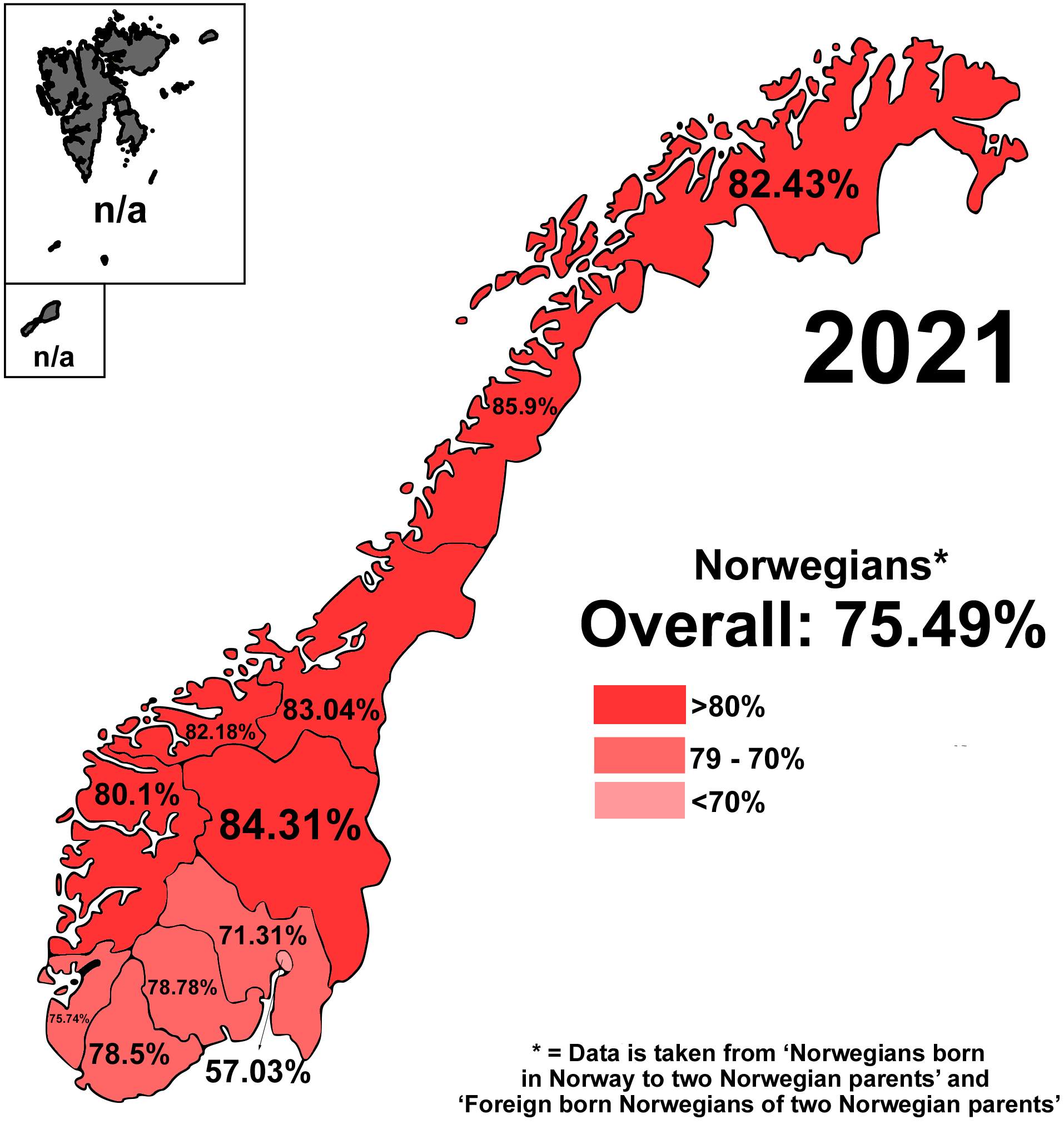 Map showing the percentage of Norwegians born to two Norwegian parents, either abroad or in Norway, by municipality as of 2021. Darker shades indicate a higher percentage.