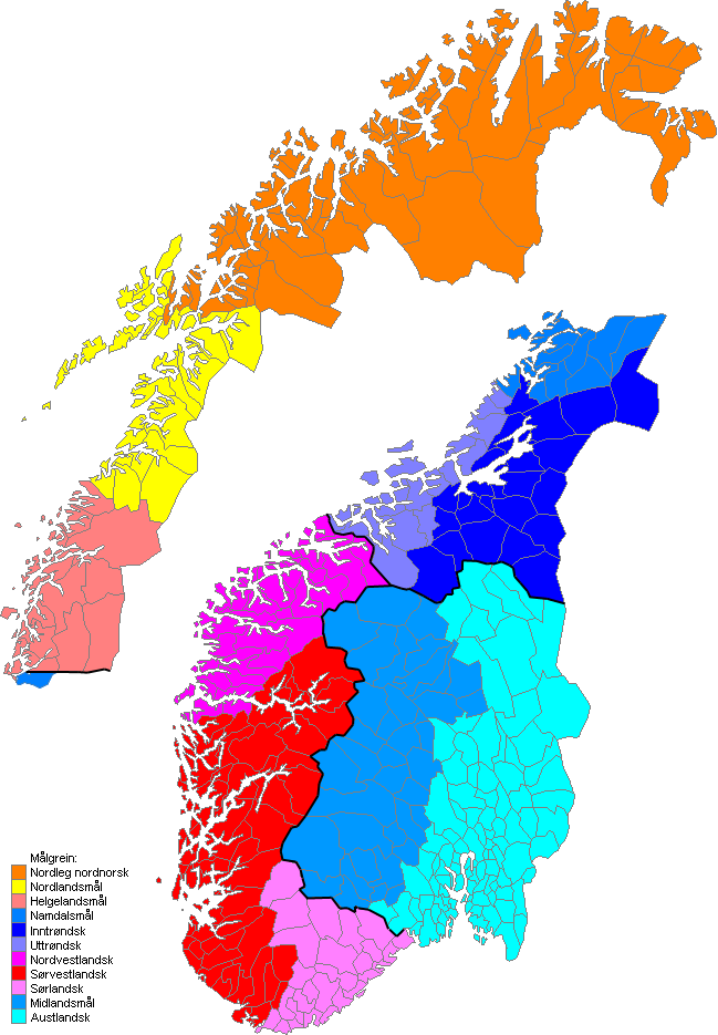 Map showing the general distribution of Norwegian dialects, broadly categorized. Actual dialectal variation is more nuanced and forms a continuum.
