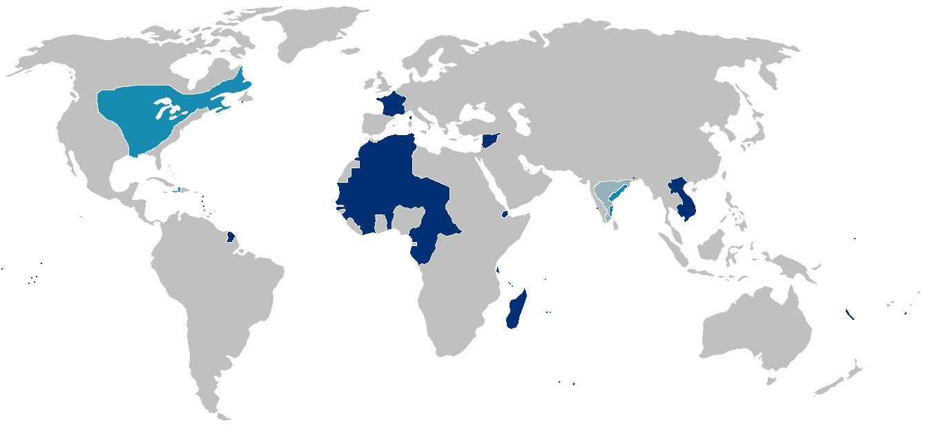 Kekaisaran kolonial Prancis pertama (biru muda) dan kedua (biru tua). Ekspansi kolonial ini membawa kemajuan bagi Prancis namun seringkali mengorbankan hak dan kedaulatan bangsa-bangsa terjajah.
