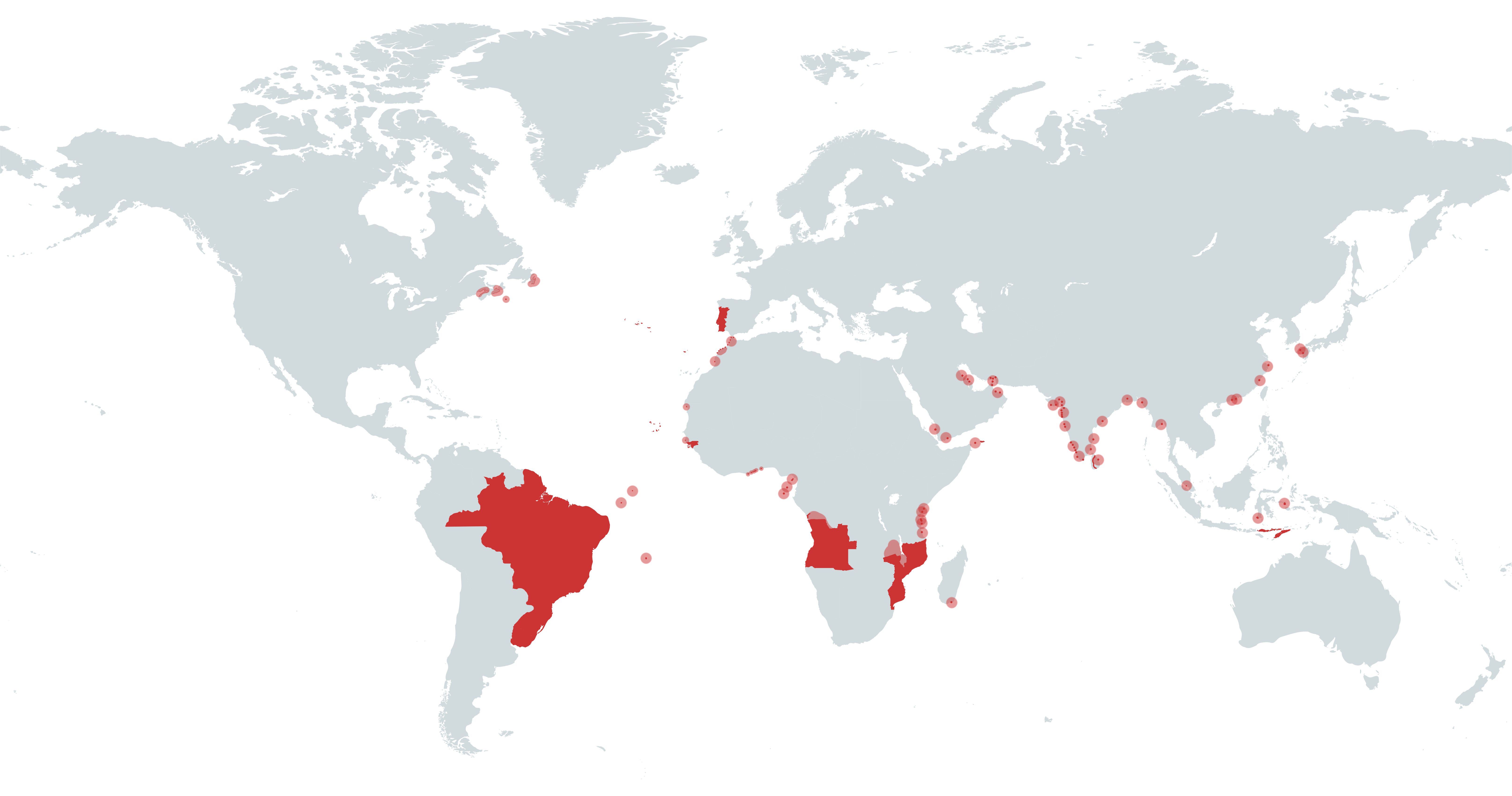 Areas that were, at some point, part of the Portuguese Empire. The empire's expansion had significant global economic, social, and human rights impacts.