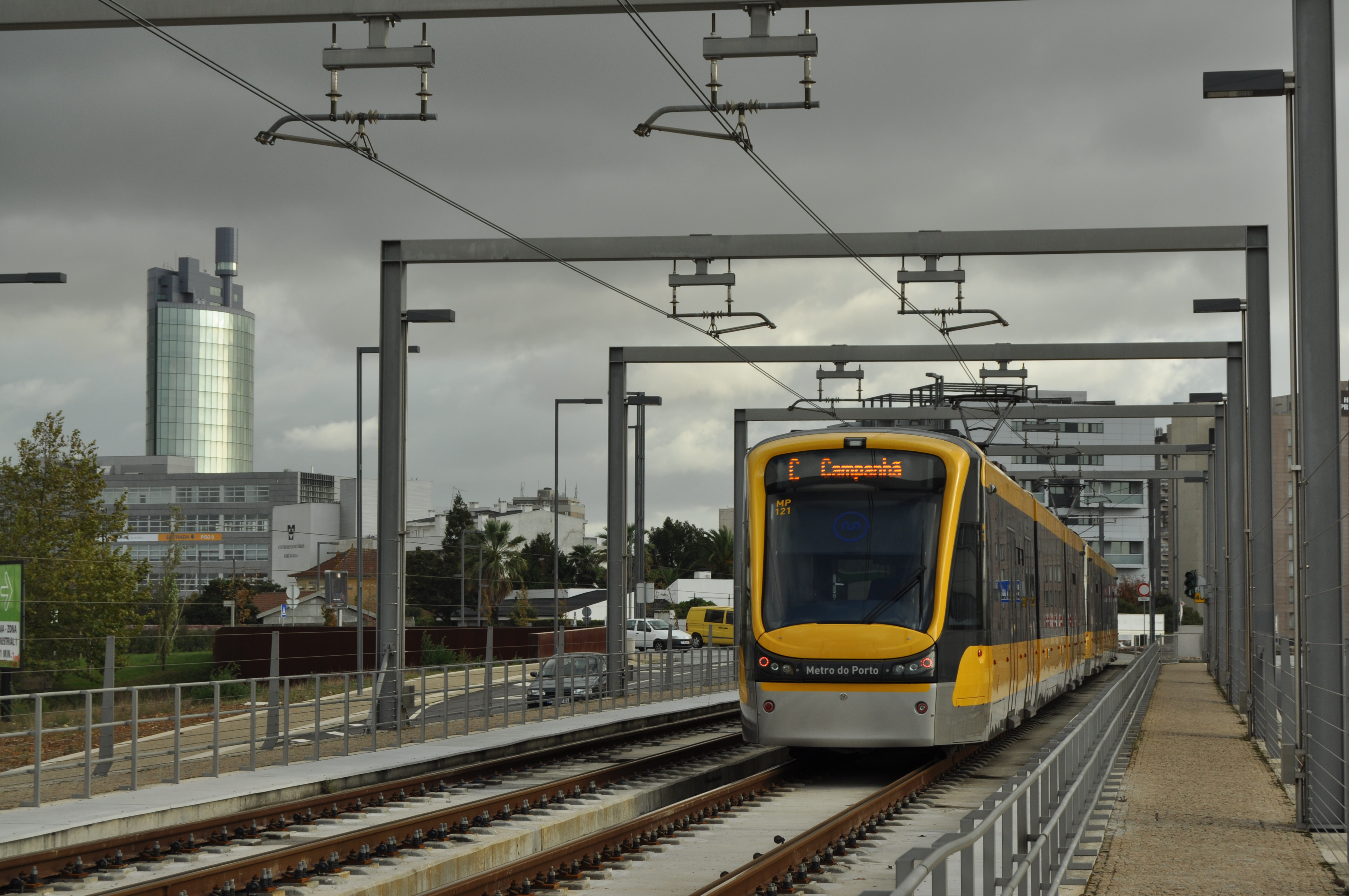 A Porto Metro Bombardier Flexity Swift train in Maia. The Porto Metro is a modern light rail system serving the metropolitan area.