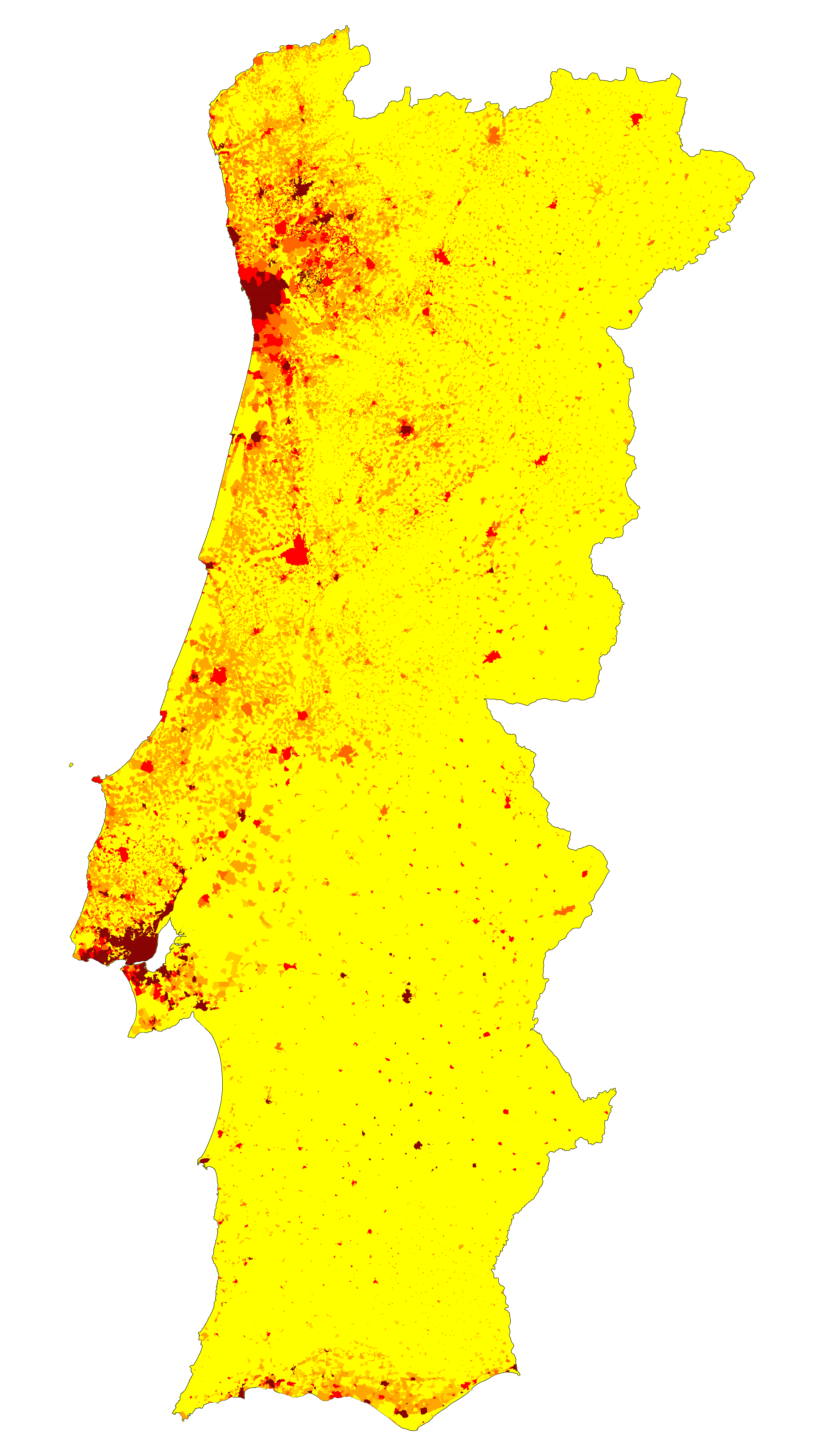 Population density in mainland Portugal by statistical area.