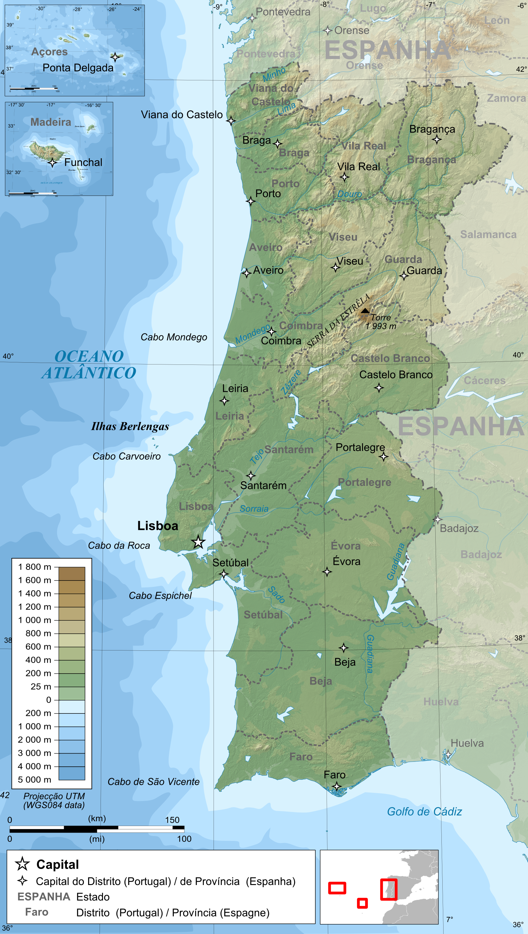 Topographic map of Portugal showing its varied landscape.