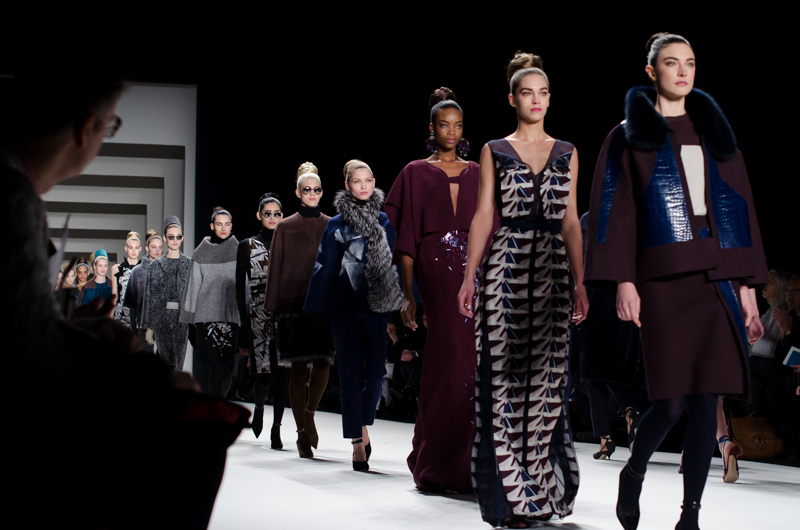 Haute couture fashion models on the catwalk during New York Fashion Week, a premier event in the global fashion industry.