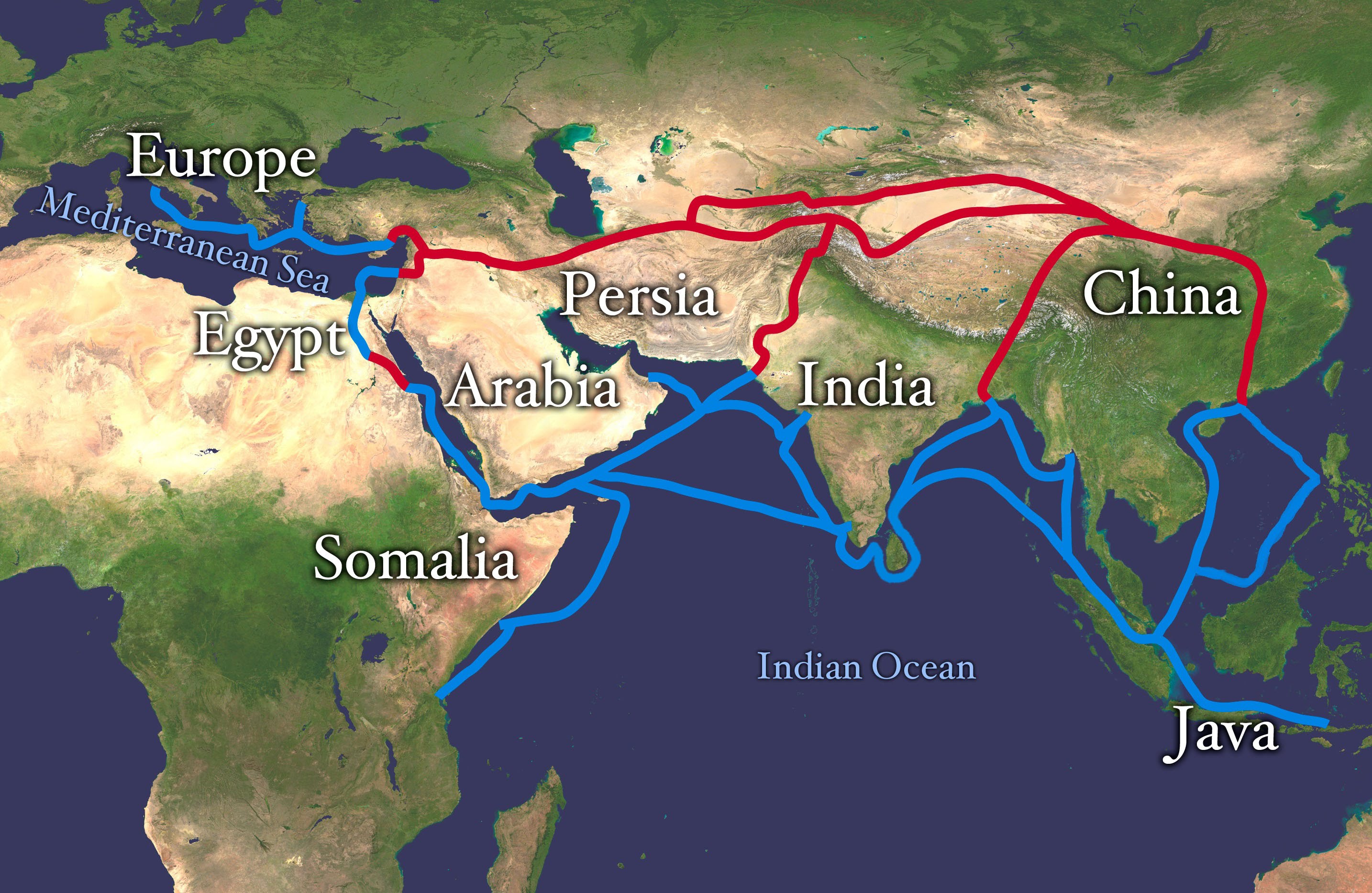 Con đường tơ lụa kéo dài từ Trung Quốc đến Nam Âu, Ả Rập, Somalia, Ai Cập, Ba Tư, Ấn Độ và Java.