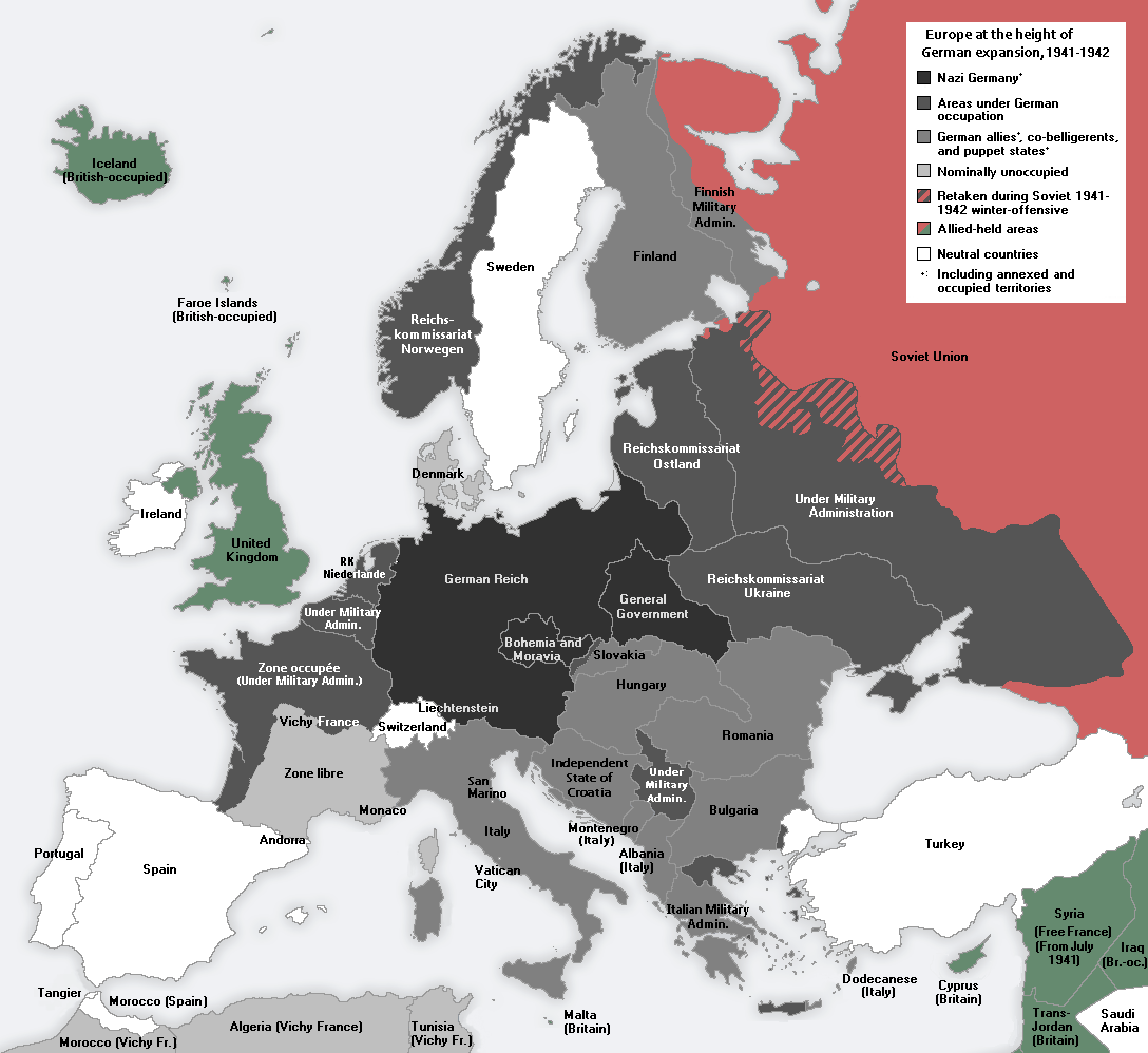 Peta Eropa yang diduduki Jerman pada tahun 1942 selama Perang Dunia II dengan wilayah yang dikuasai oleh Reich Jerman ditunjukkan dengan warna hitam tebal.