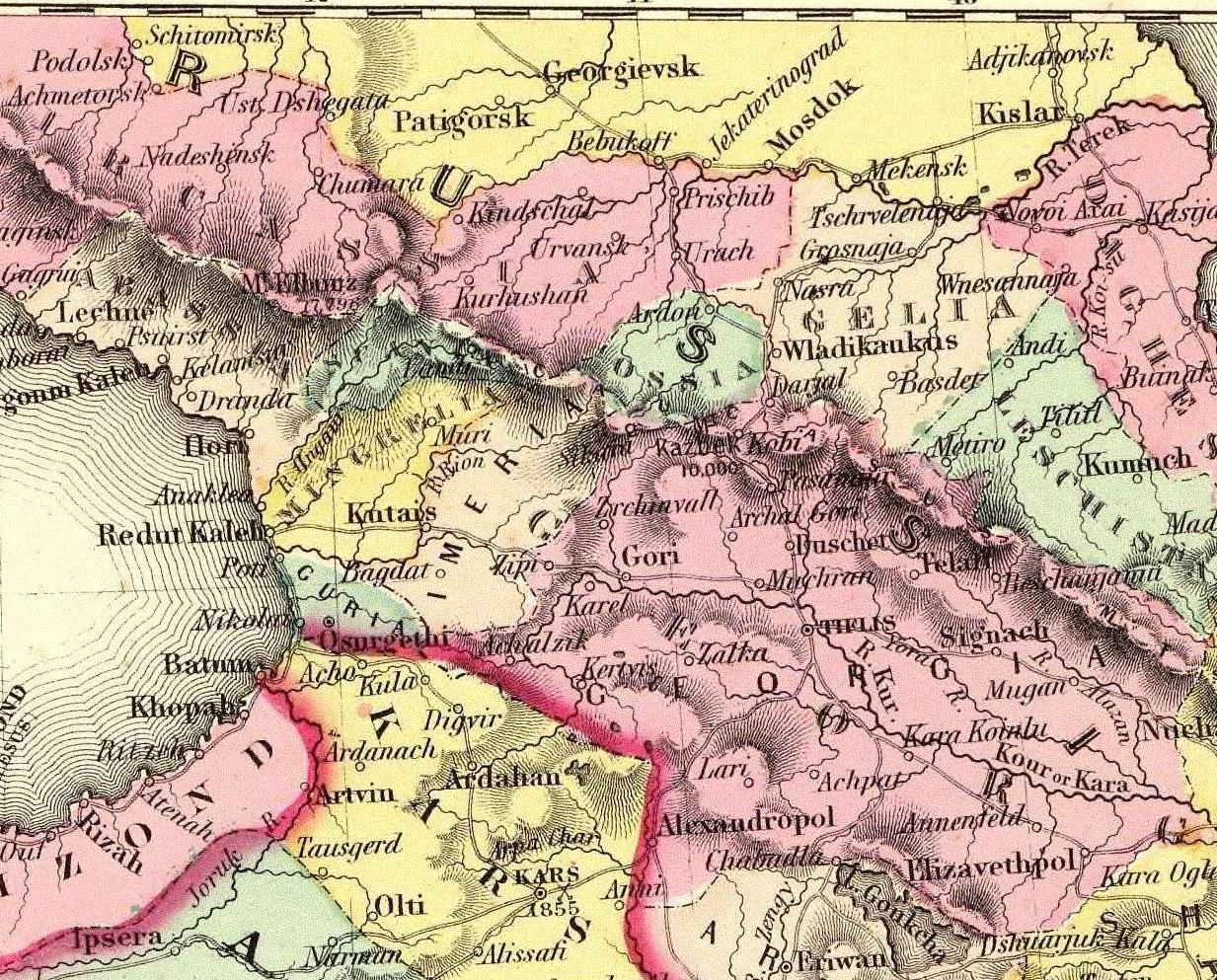 Một phần bản đồ năm 1856 của J. H. Colton mô tả vùng Kavkaz. Nam Ossetia hiện đại nằm bên dưới vùng màu xanh lá cây có chữ 