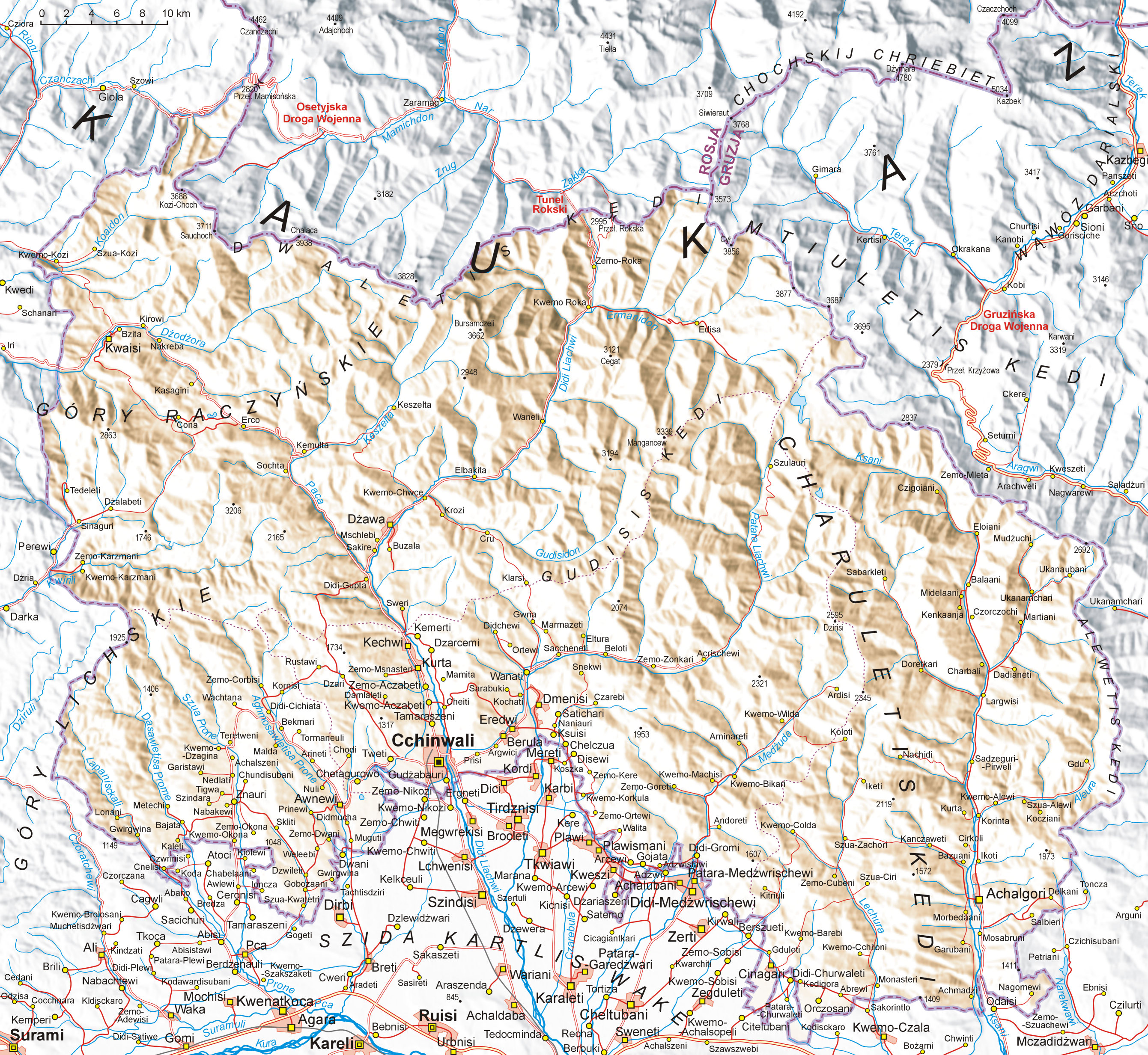 Bản đồ địa hình Nam Ossetia (chú giải bằng tiếng Ba Lan).