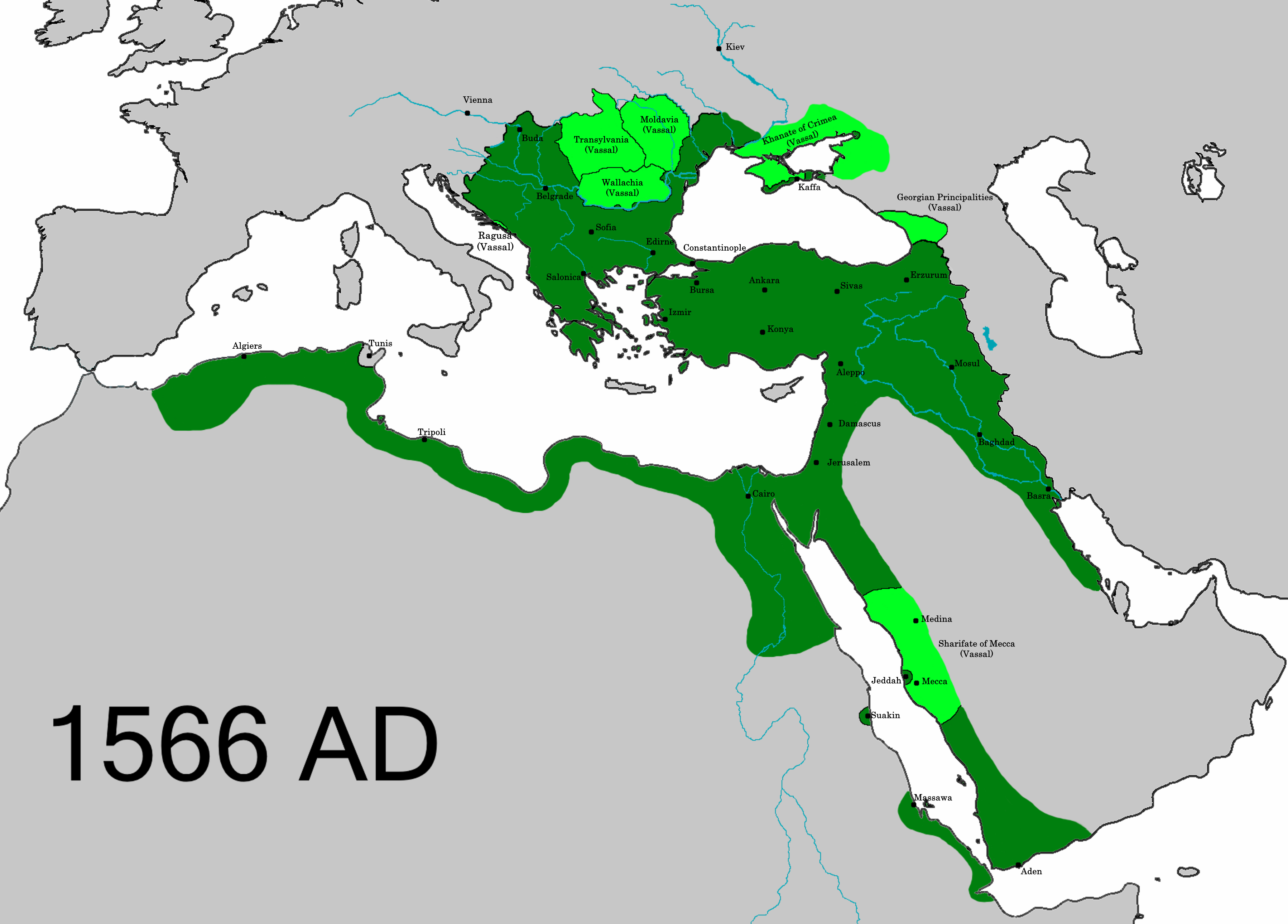 The Ottoman Eyalet in 1566, showing influence in the Red Sea region.