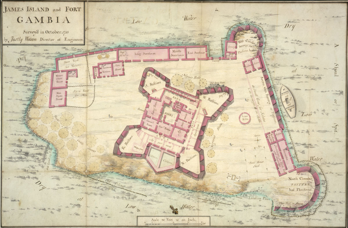 A historical map of James Island and Fort Gambia, central to the slave trade operations on the Gambia River.