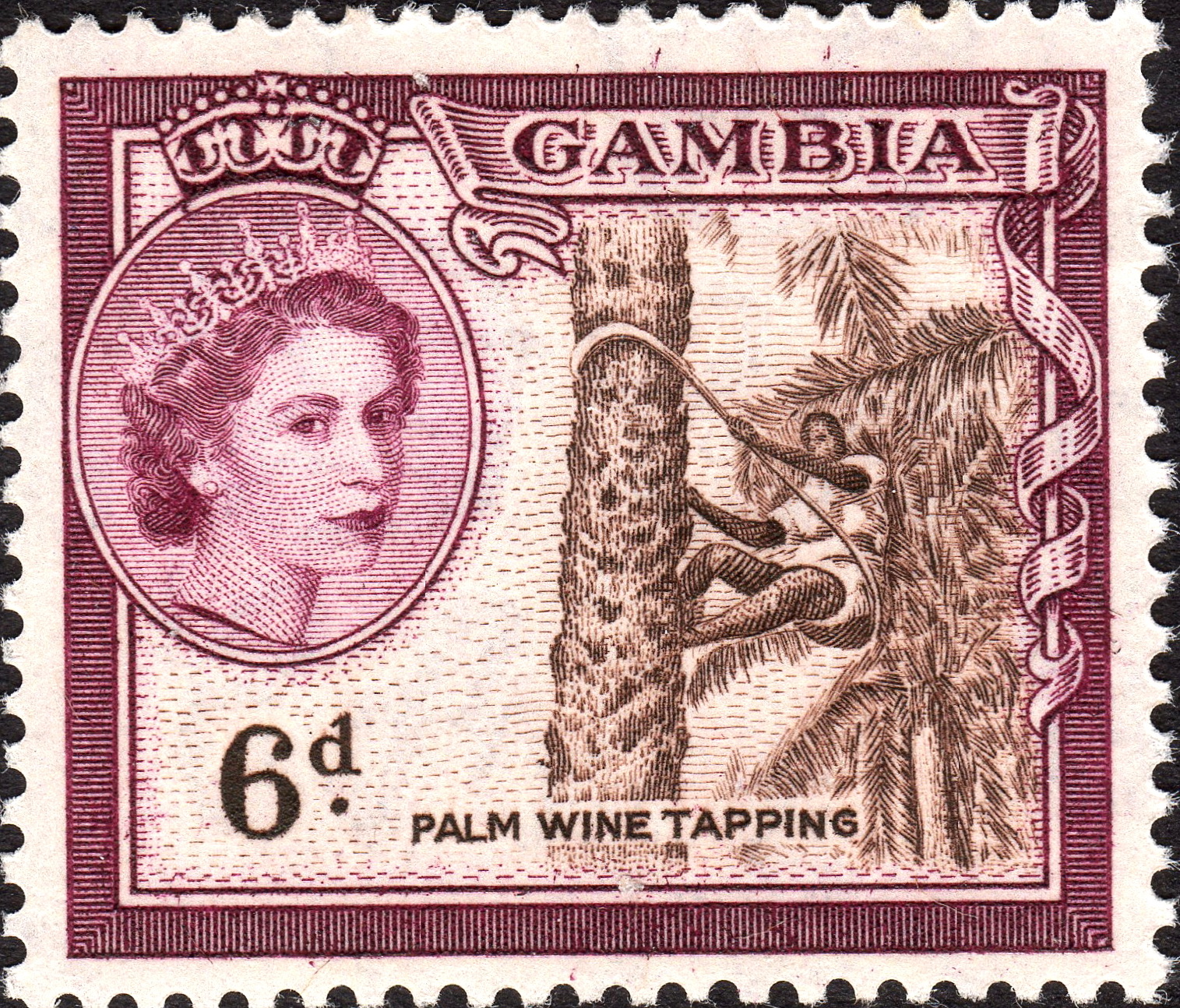 A 1953 postage stamp from The Gambia featuring Queen Elizabeth II.