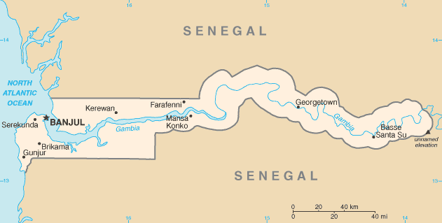 Map of The Gambia, illustrating its elongated shape along the Gambia River and its encirclement by Senegal.