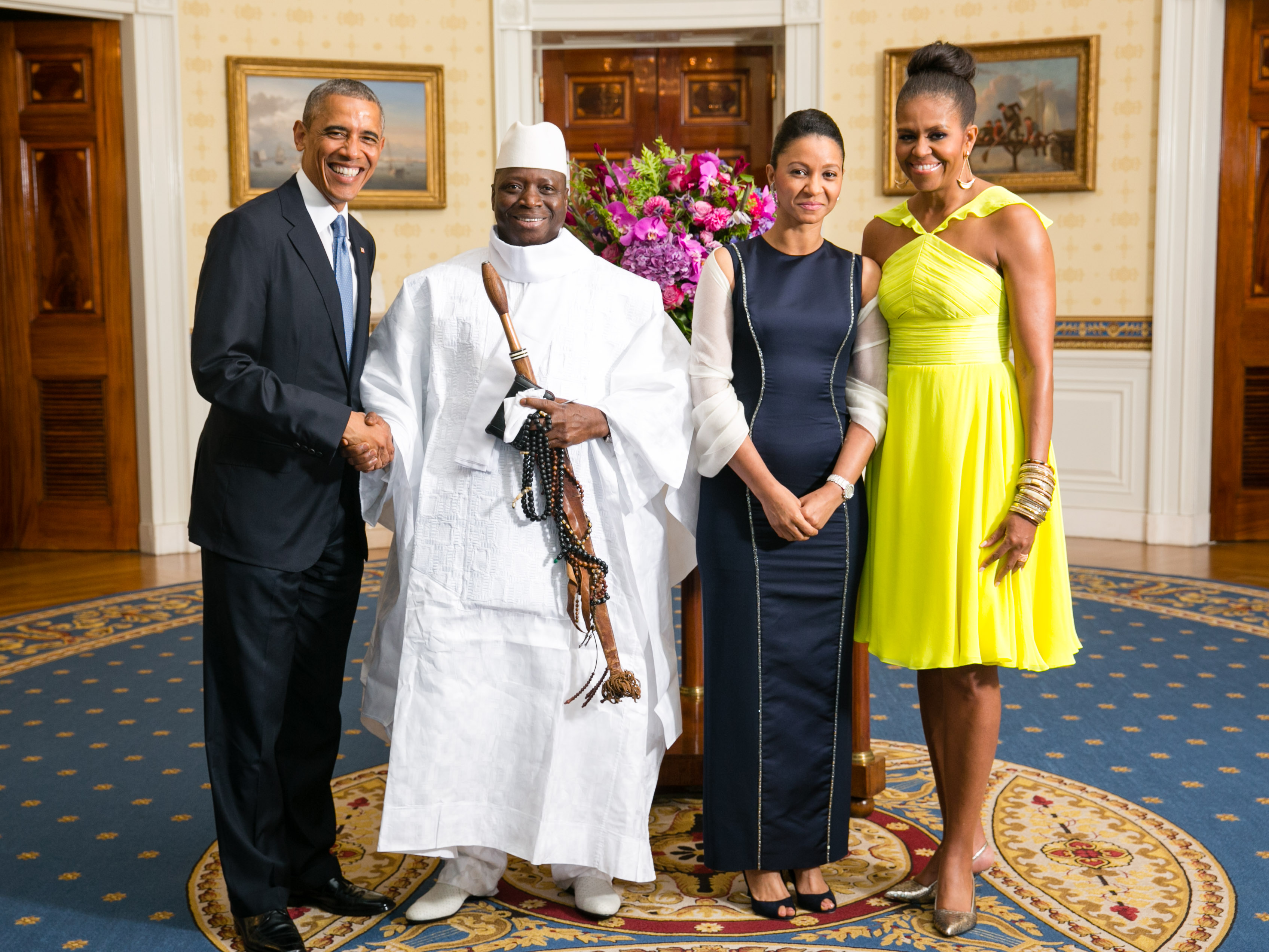 Former President Yahya Jammeh and Mrs. Zeinab Jammeh with former U.S. President Barack Obama and Michelle Obama at the White House in August 2014, during a period of strained relations with Western powers.