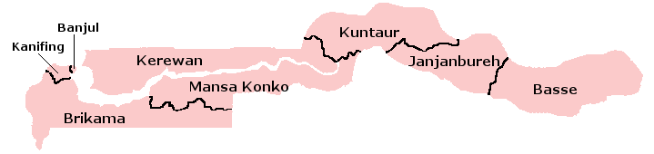 Local government areas of The Gambia, showing the divisions and the capital city, Banjul.