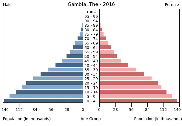 Population pyramid of The Gambia for 2016, illustrating a youthful age structure.