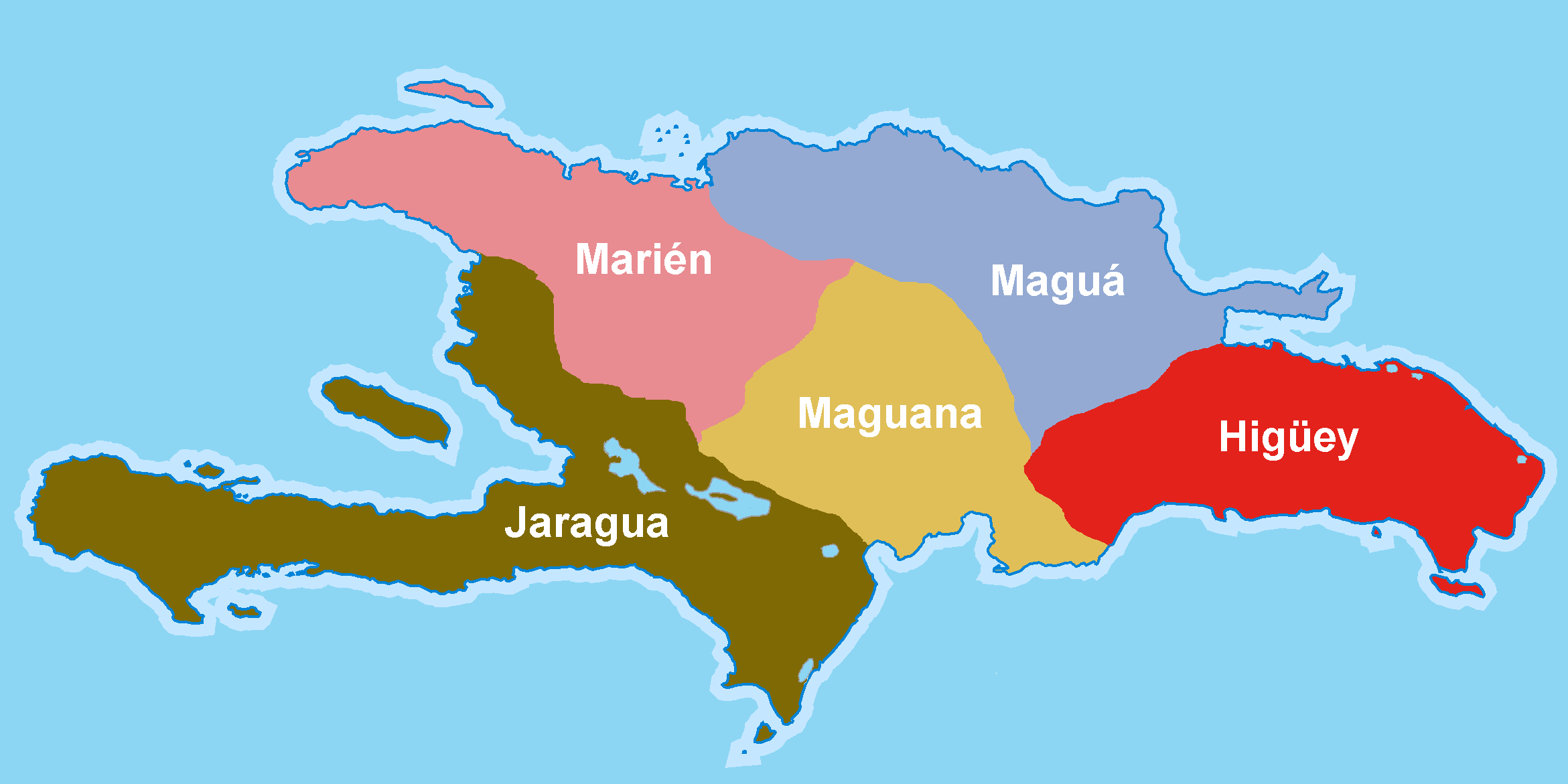 The five caciquedoms of Hispaniola at the time of the arrival of Christopher Columbus.