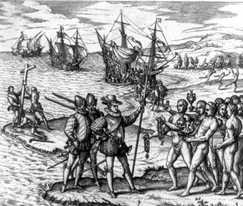 Artist's impression of Christopher Columbus landing on Hispaniola, engraving by Theodor de Bry.