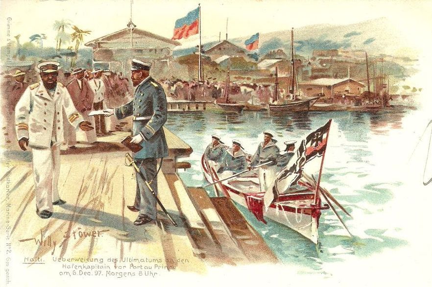 German Captain Thiele of the SMS Charlotte handing over the German Ultimatum to Haiti on December 6, 1897, during the Lüders Affair, an example of gunboat diplomacy.