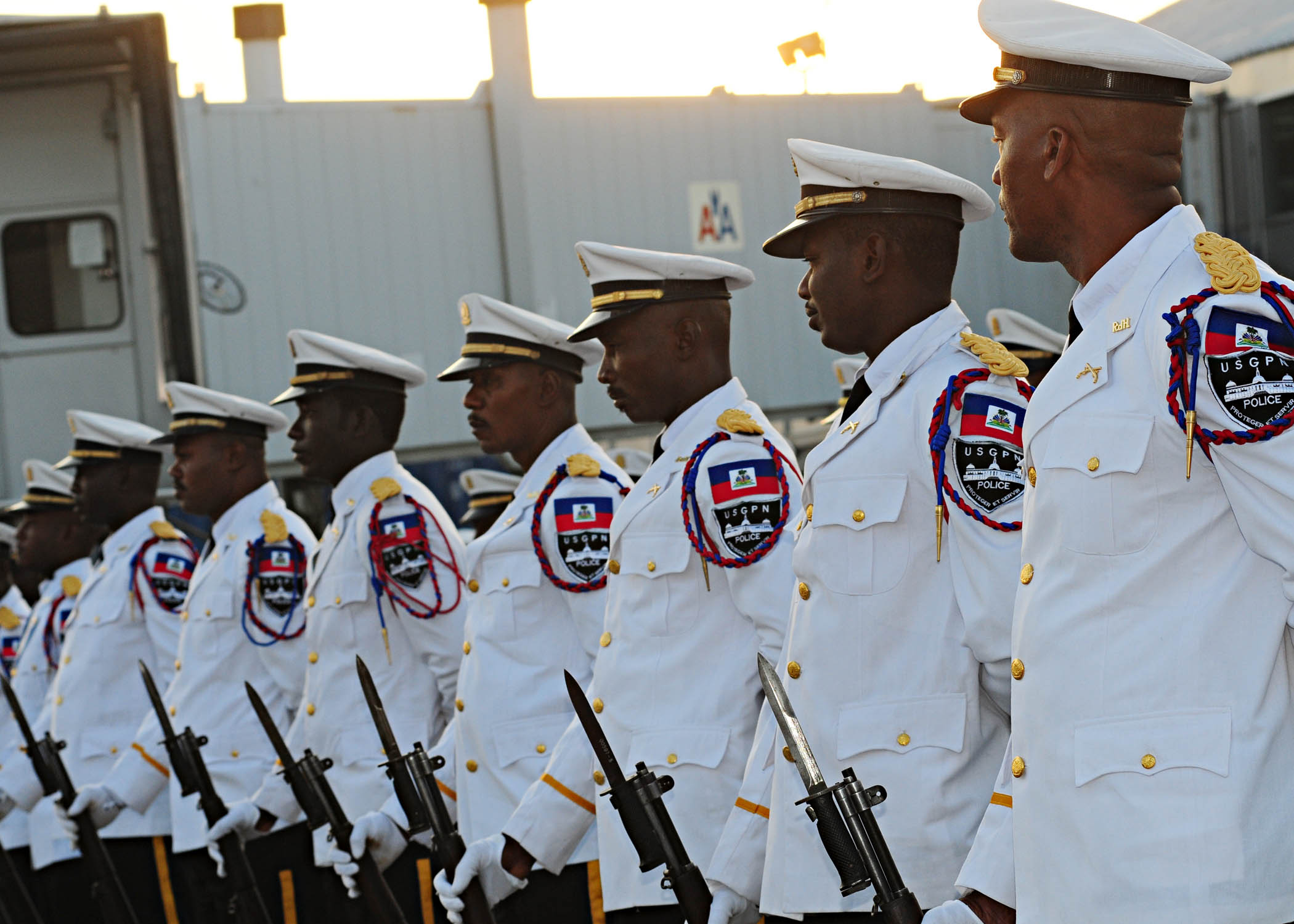 Members of the Haitian National Police Force marching band during a parade. The PNH is the primary agency responsible for public order.