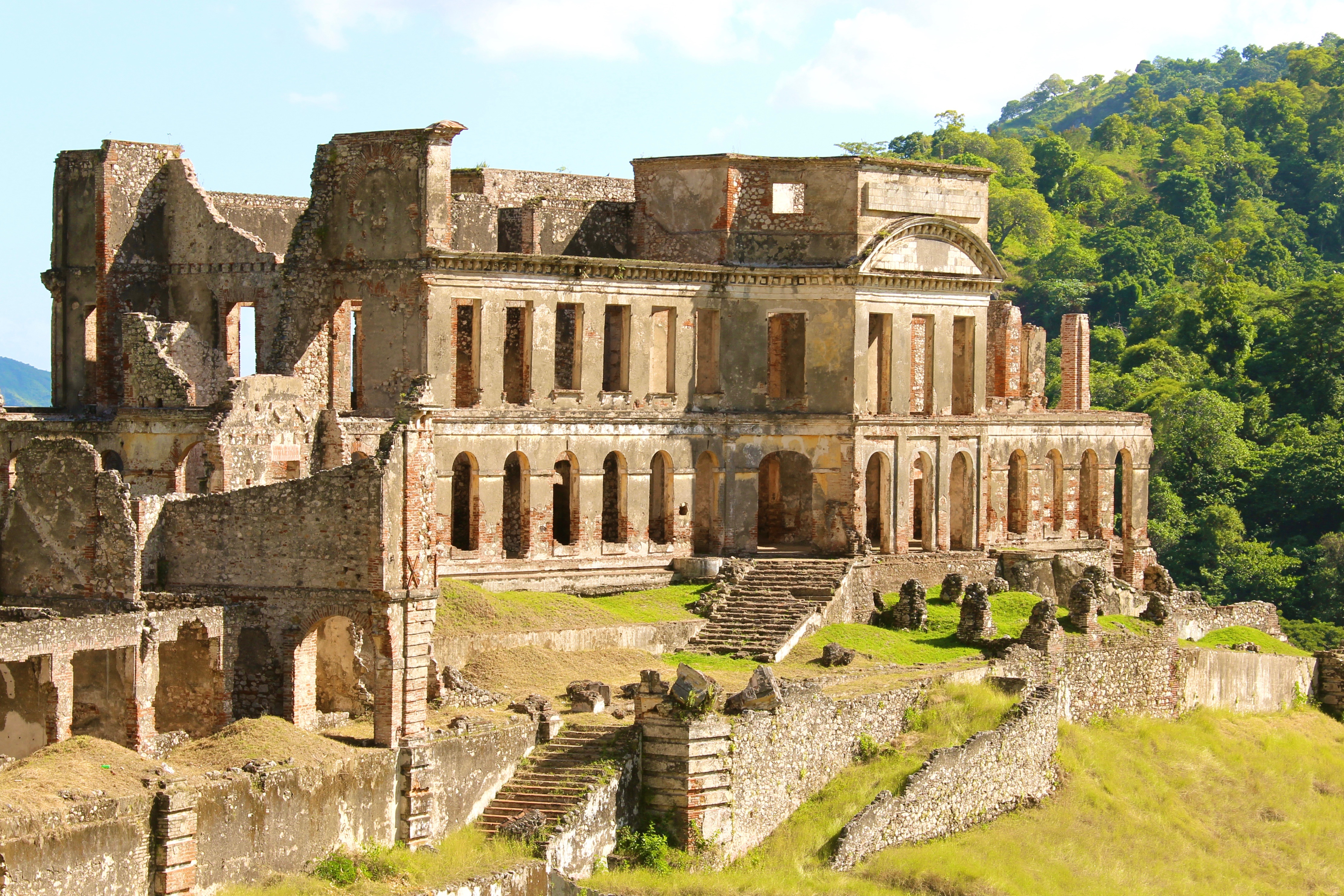 The ruins of Sans-Souci Palace in Milot, part of the National History Park - Citadel, Sans Souci, Ramiers UNESCO World Heritage site, showcasing early 19th-century Haitian royal architecture.