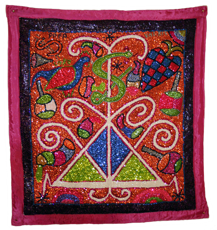 A Vodou drapo (ceremonial flag) by artist George Valris. Vodou is a central theme in much of Haitian art.