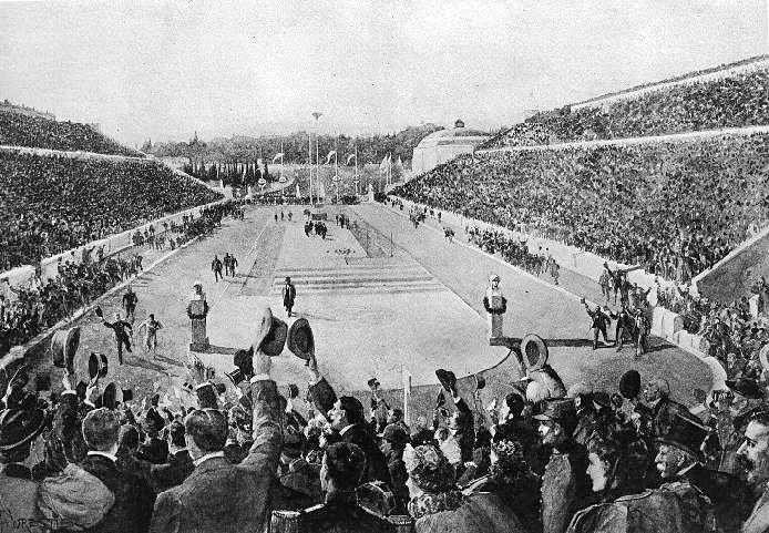 Spyridon Louis memasuki Stadion Panathinaiko di akhir maraton; Olimpiade Musim Panas 1896