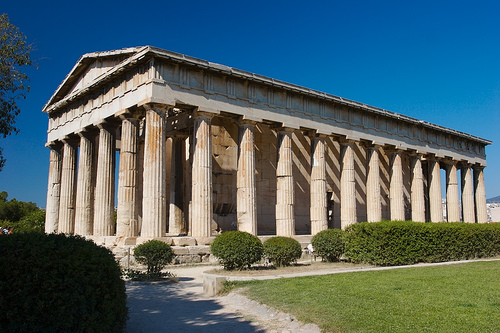 The well-preserved Temple of Hephaestus in Athens, a prime example of ancient Greek Doric temple architecture.