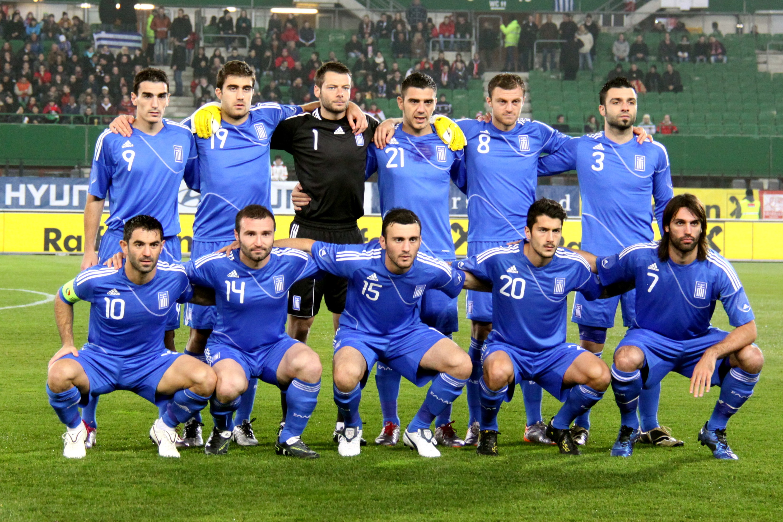 The Greece national football team prior to a match.