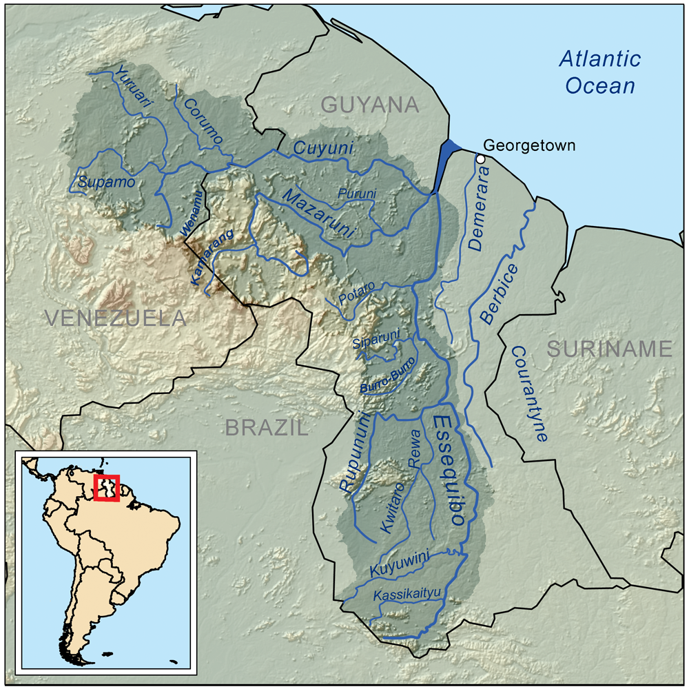 Map of Guyana with the disputed territories incorporated, showing the Essequibo River and (shaded dark) the river's drainage basin. Venezuela claims territory up to the western bank of the river. The historical claim by the UK included the river basin well into current-day Venezuela.