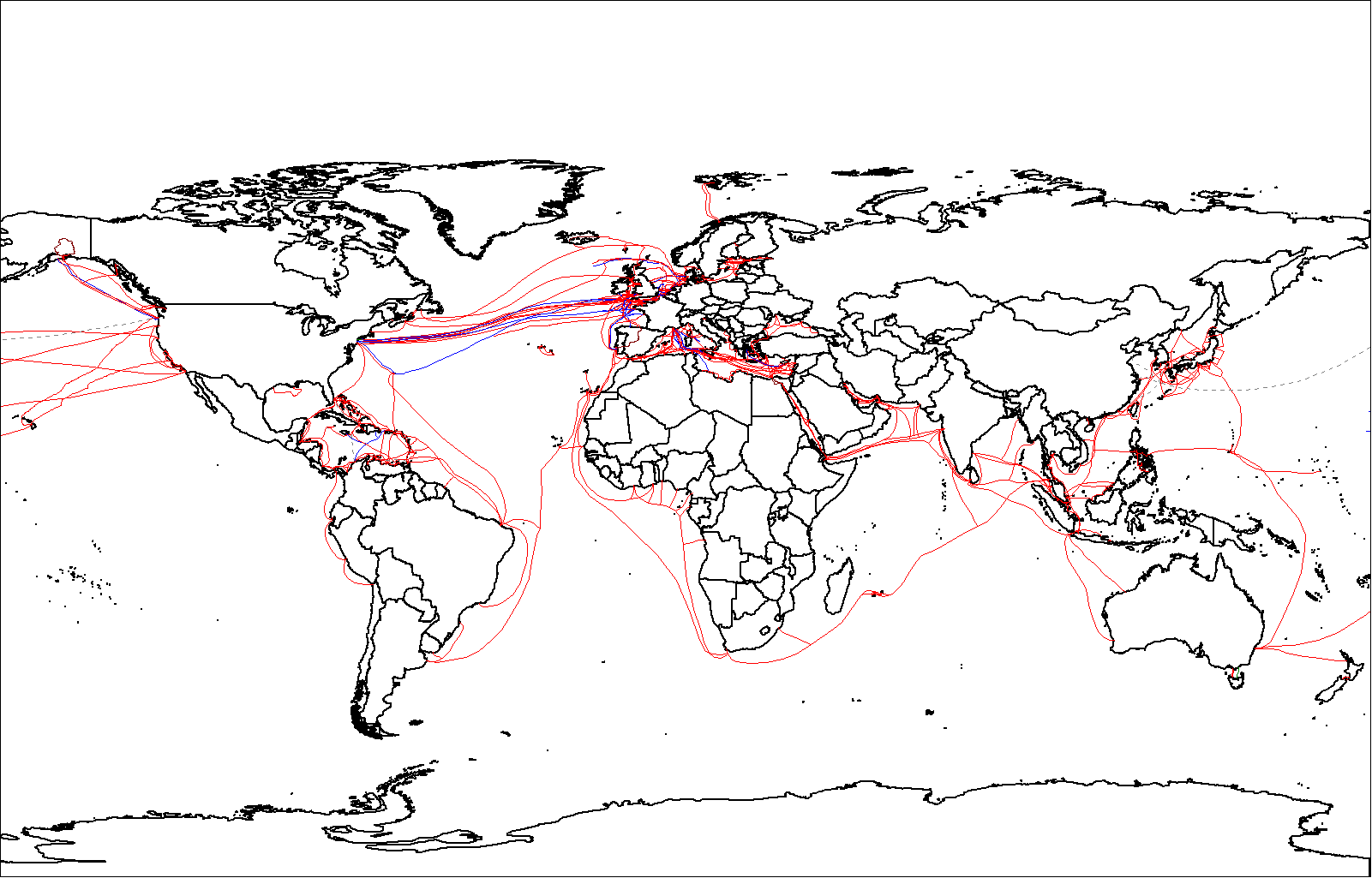 World map with red and blue lines
