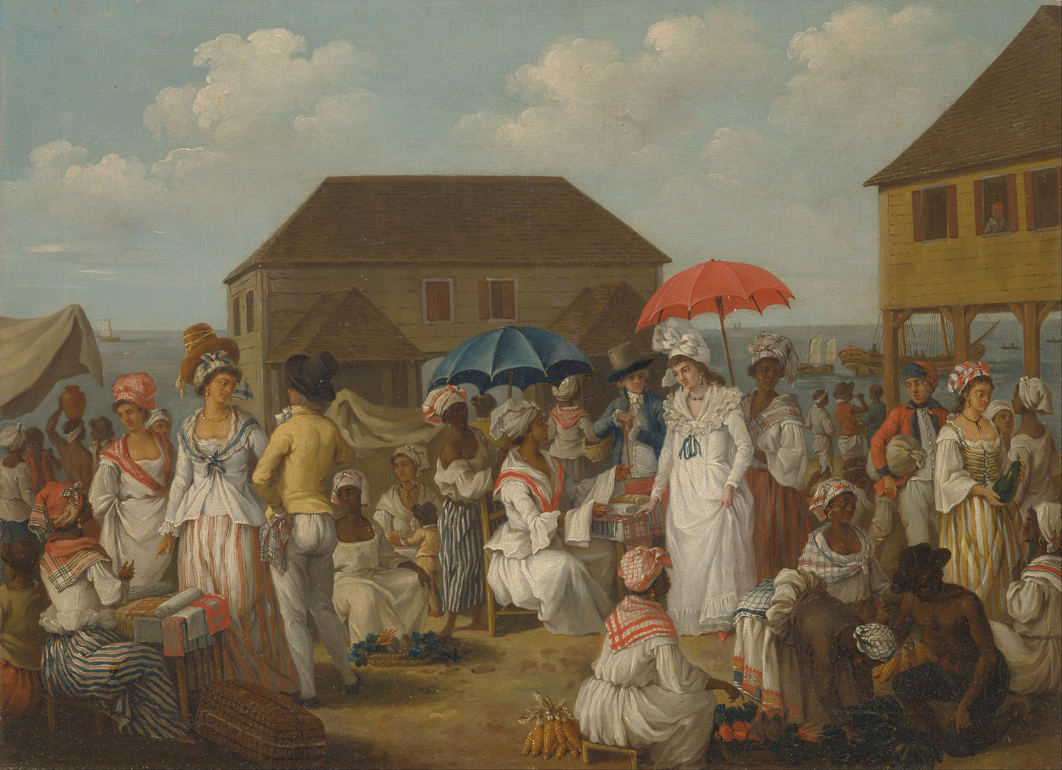 A linen market in 1770s Dominica, painted by Agostino Brunias, depicting social interactions during the colonial period.